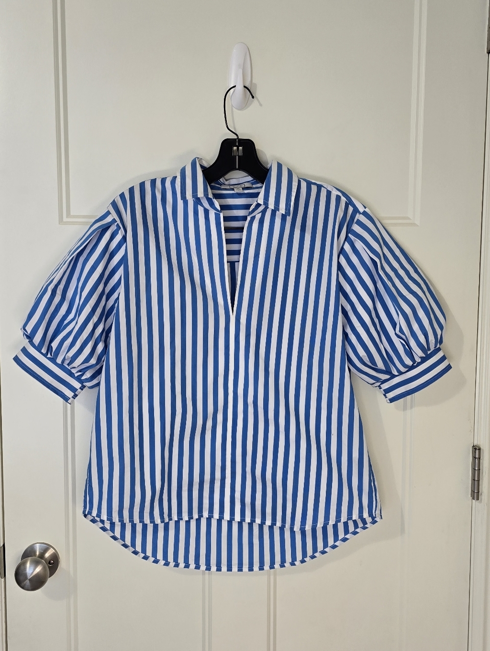 AYR Capeside Striped Puff Sleeve V-neck Popover Top Blue Stripe Women'a Small - Picture 3 of 10